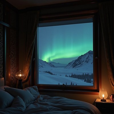 Northern lights over snowy mountains from cozy bedroom