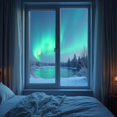 Captivating northern lights view from a cozy bedroom