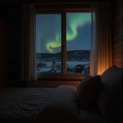 Colorful northern lights shine over a snowy landscape