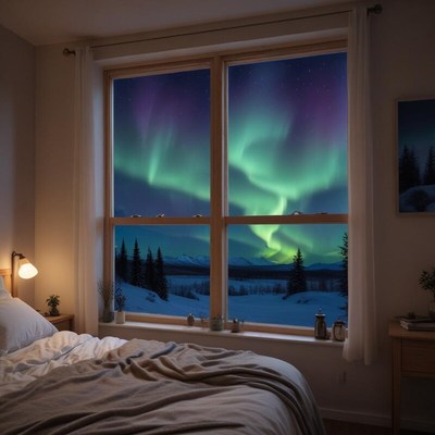 Beautiful northern lights viewed from cozy bedroom window