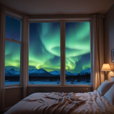 Northern lights illuminate bedroom view at night
