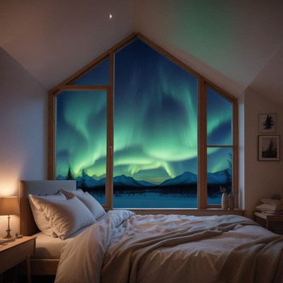 Magical aurora borealis view from a cozy bedroom
