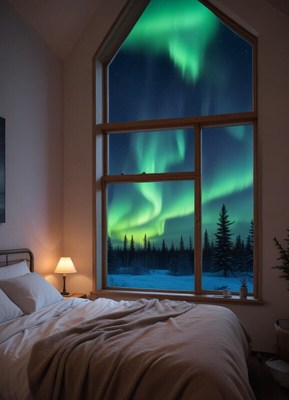 Northern lights shine through cozy bedroom window at night