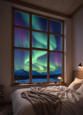 Northern lights view from a cozy bedroom window at night