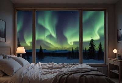Stunning northern lights view from cozy bedroom window