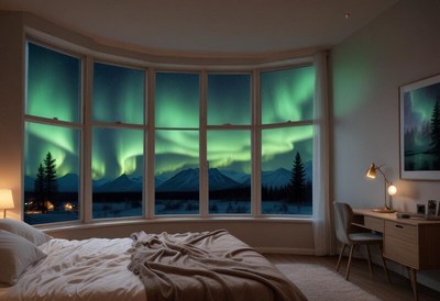 Northern lights illuminate a cozy bedroom at night