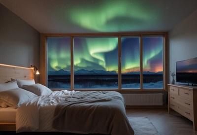 Vibrant northern lights seen from cozy bedroom at night