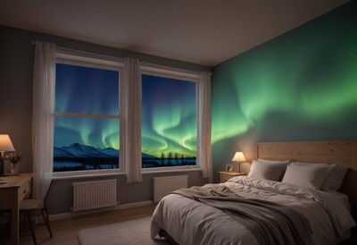 Northern lights shine brightly in cozy bedroom at night