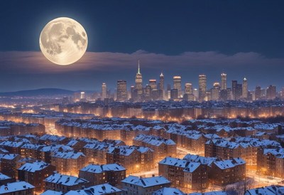 Bright full moon over a snowy city skyline at night