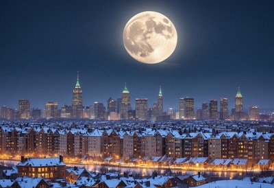 Nighttime city skyline under a bright full moon