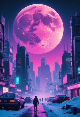 Vibrant cityscape under a large pink moon at night