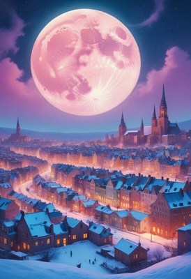 Moonlit winter view of a charming town at night