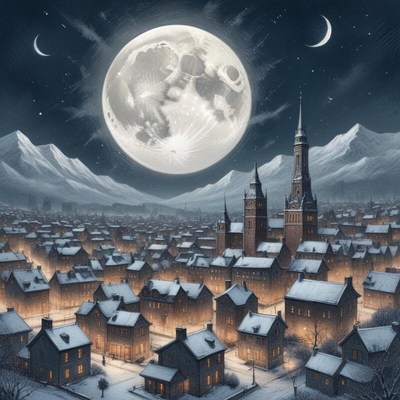 Night view of a snowy town under a bright moon