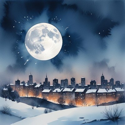 Night skyline with a bright moon over snowy landscape