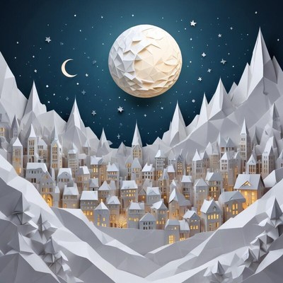 Snowy town under a full moon in a winter night scene