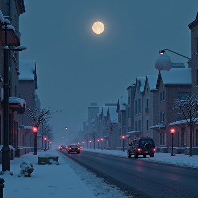 Snowy street illuminated by a full moon at night