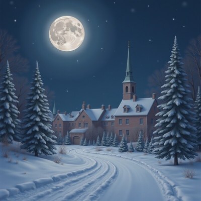 Snowy landscape at night with a full moon and cabin