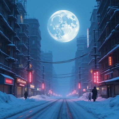 Snowy city street under a bright full moon at night