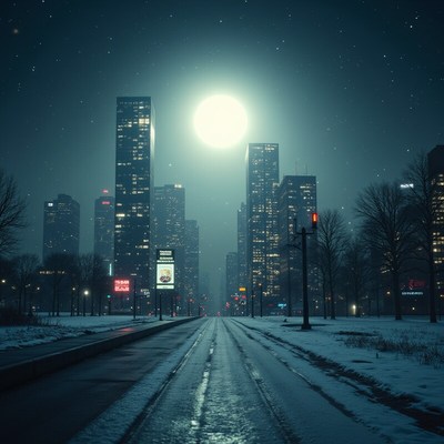 Snowy city night with bright moon above skyscrapers