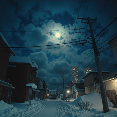 Snow-covered street illuminated by a full moon at night
