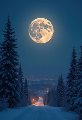 Bright moonlit night over snowy landscape with trees