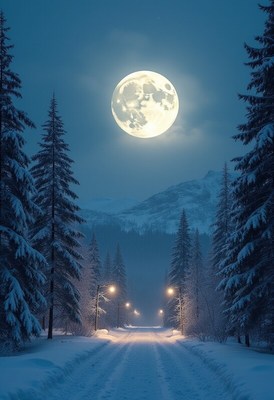 Beautiful winter night scene with a full moon