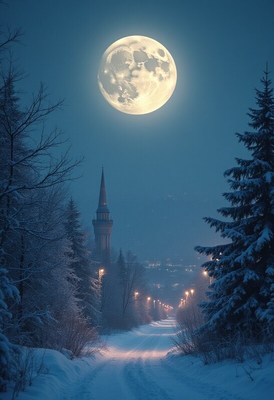 Bright full moon over a snowy path in winter