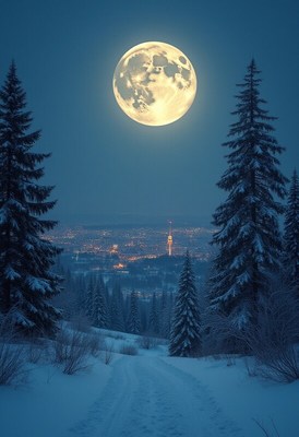 Moonlit winter landscape overlooking a snowy city