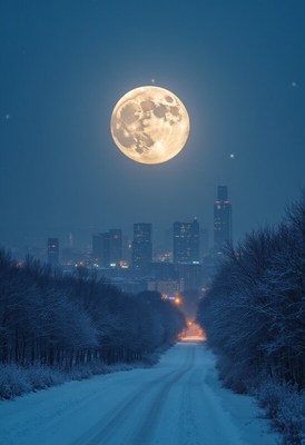 Bright moon illuminates winter cityscape at night
