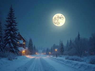 Winter night with full moon over a snowy road