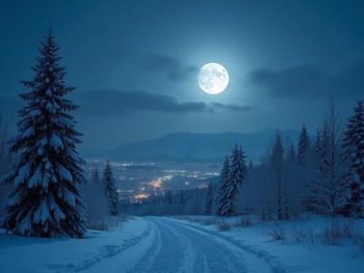 Winter night with a bright full moon over a snowy landscape
