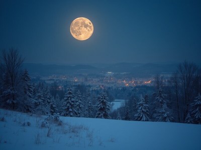 Winter night with a full moon over the snowy town