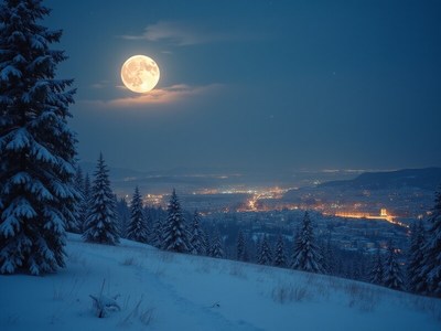 Beautiful winter night with full moon over snowy landscape