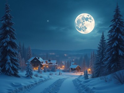 Snowy village under a bright moonlit sky in winter night