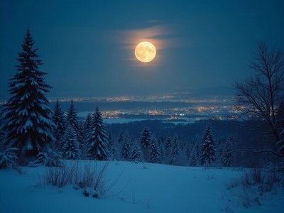 Bright moon shining over a snowy landscape at night
