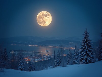 Vivid full moon shining over snowy landscape and city