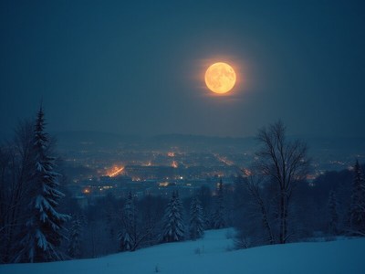 Bright full moon over snowy winter landscape