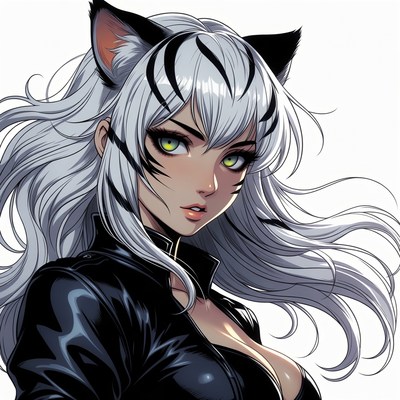 Character design of a woman with cat features and white hair