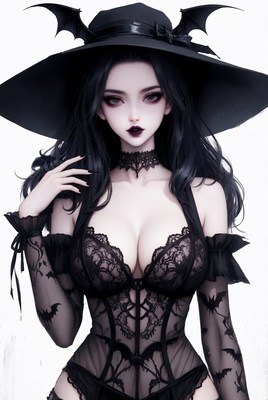 Elegant witch with bat-themed attire and large hat