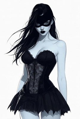 Masked figure in black attire with elegant lace details