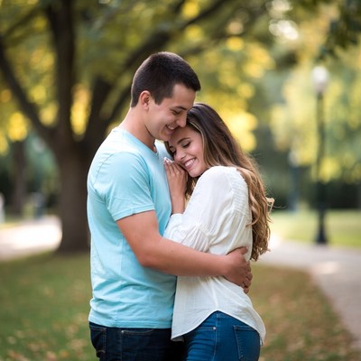 Couple enjoys a sunny day in the park, sharing a moment