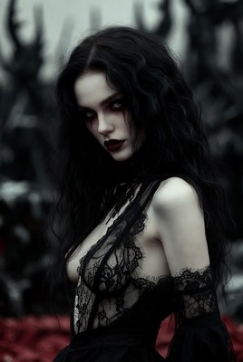 Mysterious woman in dark attire amidst a shadowy garden