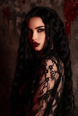 Portrait of a woman with long black hair and dark makeup
