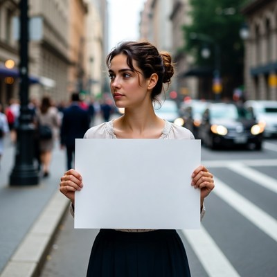 Woman holding blank sign on busy city street