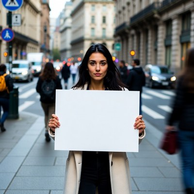 Woman holding blank sign on busy street in city