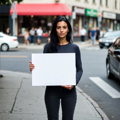 Woman holding a blank sign on a city street corner