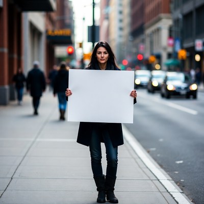 Woman holding blank sign on busy city street