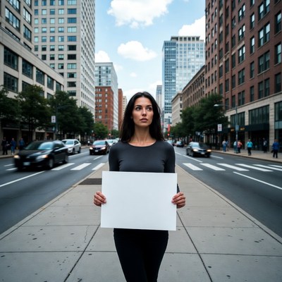 Woman standing with a blank sign on a city street