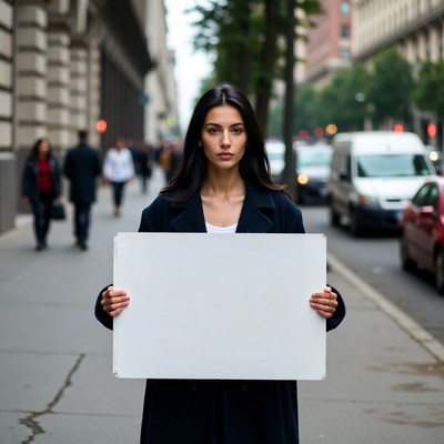 Woman holding blank sign on a busy city street