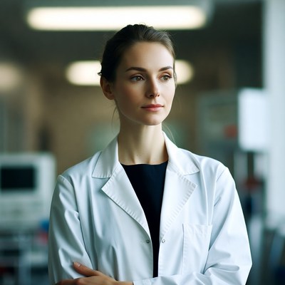 Woman doctor in lab coat stands confidently in clinic